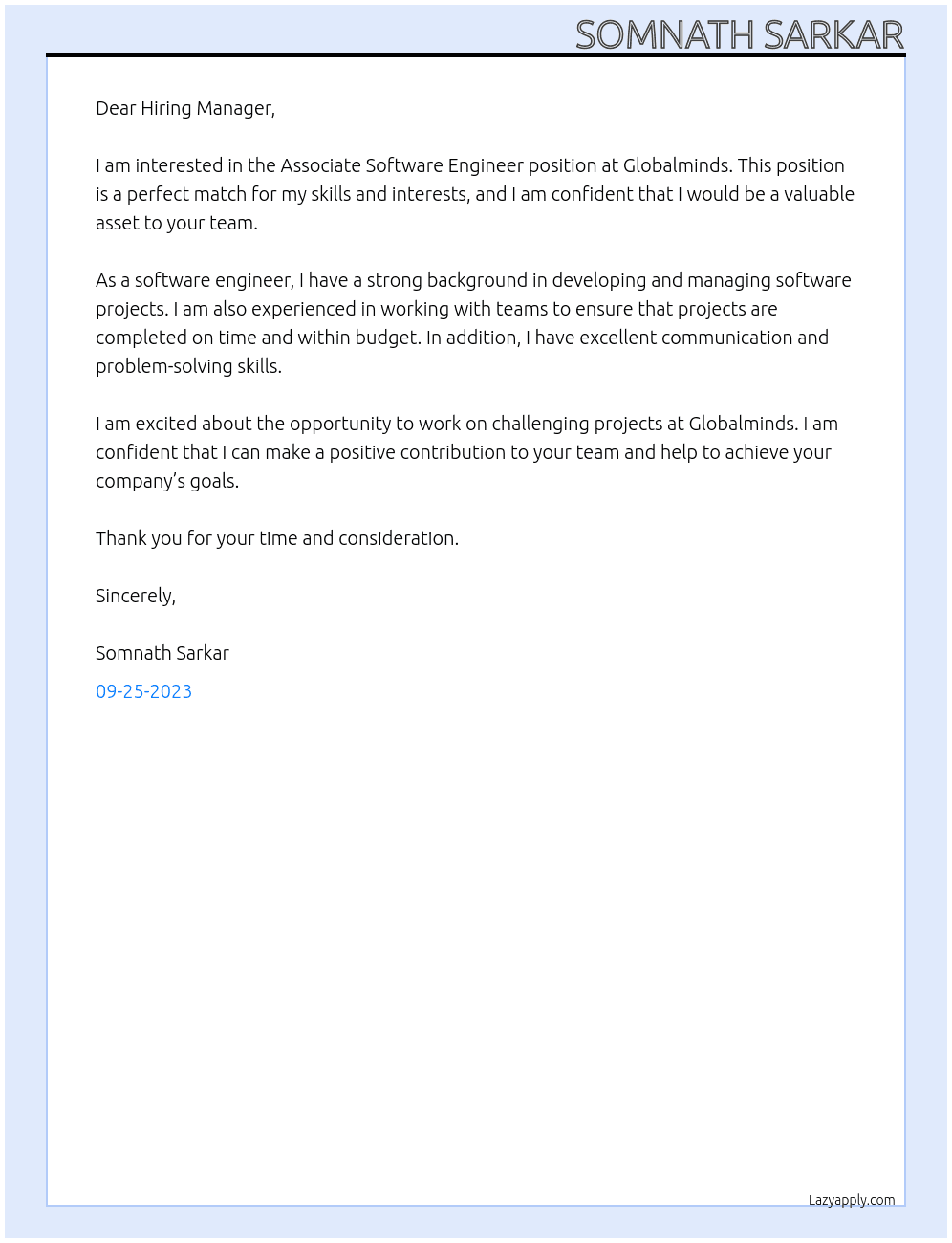 Associate software engineer  At Globalminds Cover Letter