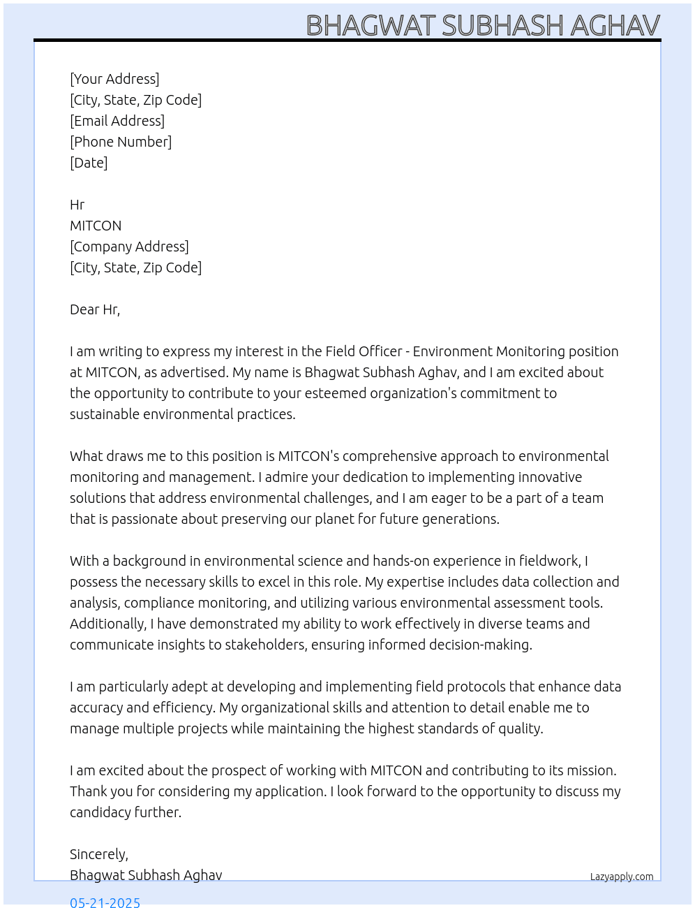 Field officer Environment monitoring  At MITCON Cover Letter