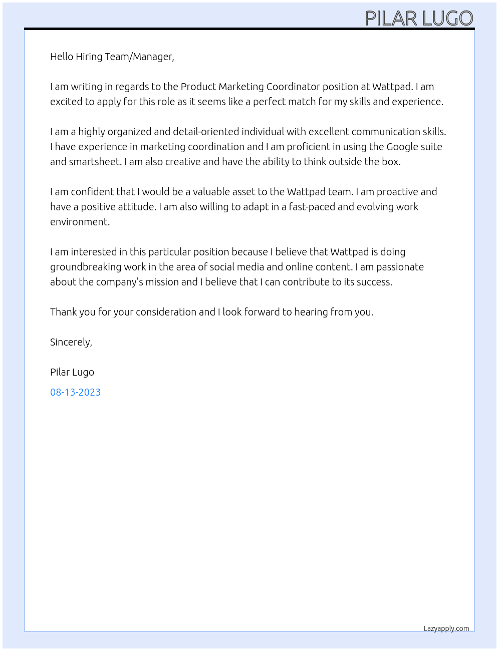 Product Marketing Coordinator At Wattpad Cover Letter