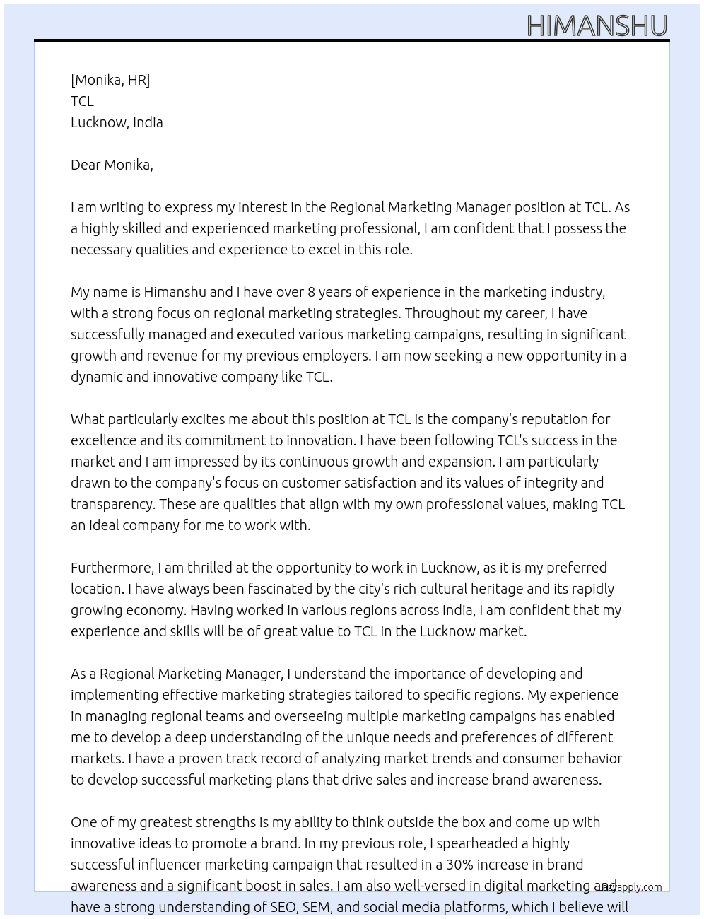 Regional Marketing Manager At TCL Cover Letter