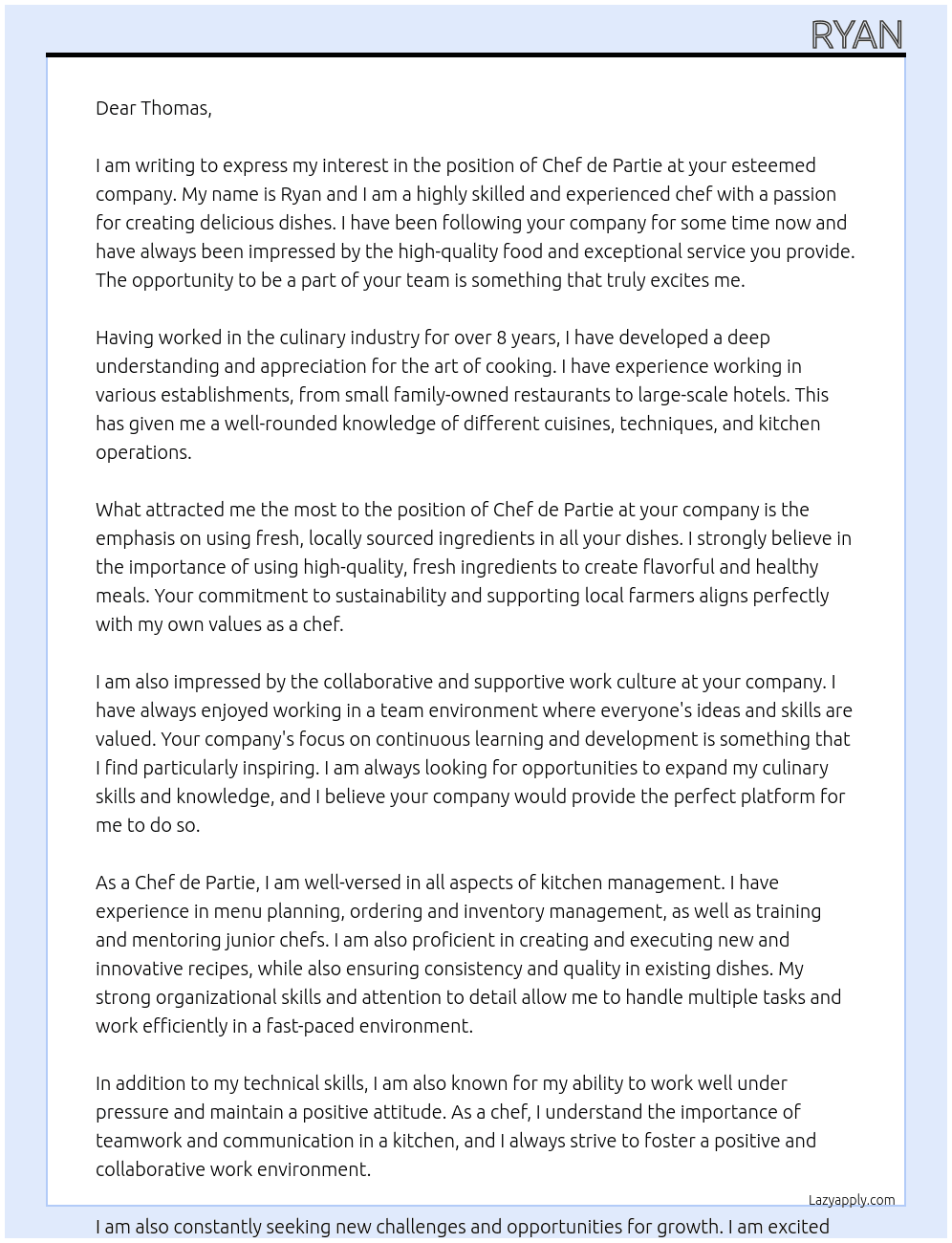 Chef de Partie At Thomas Cover Letter