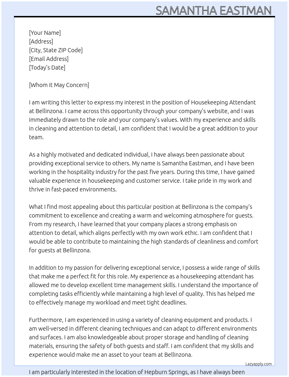 House keeping attendant  At Bellinzona  Cover Letter