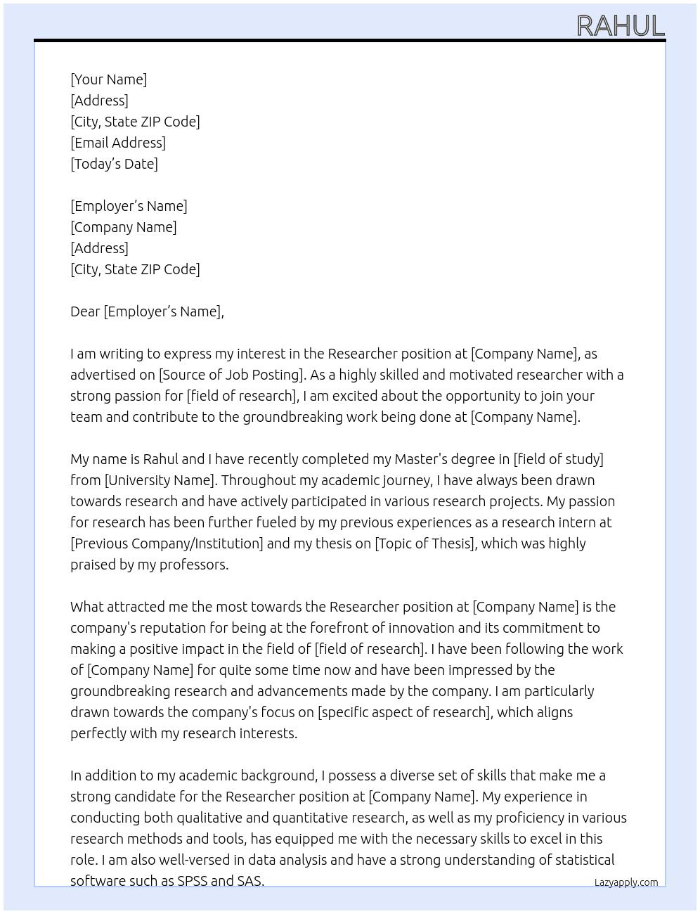 Researcher At rahul Cover Letter