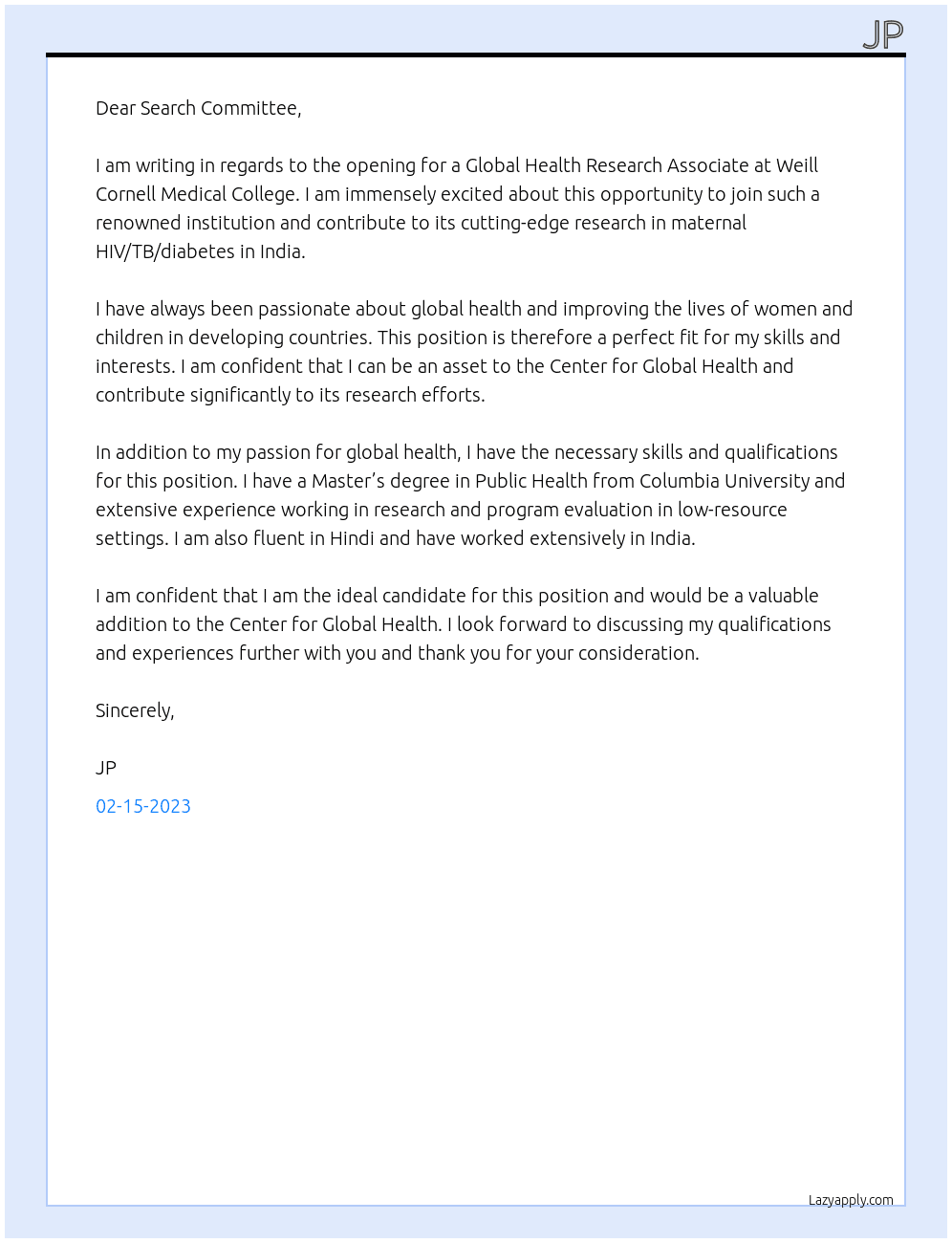 Cover letter for global health research associate – maternal hiv/tb/diabetes in inida - LazyApply