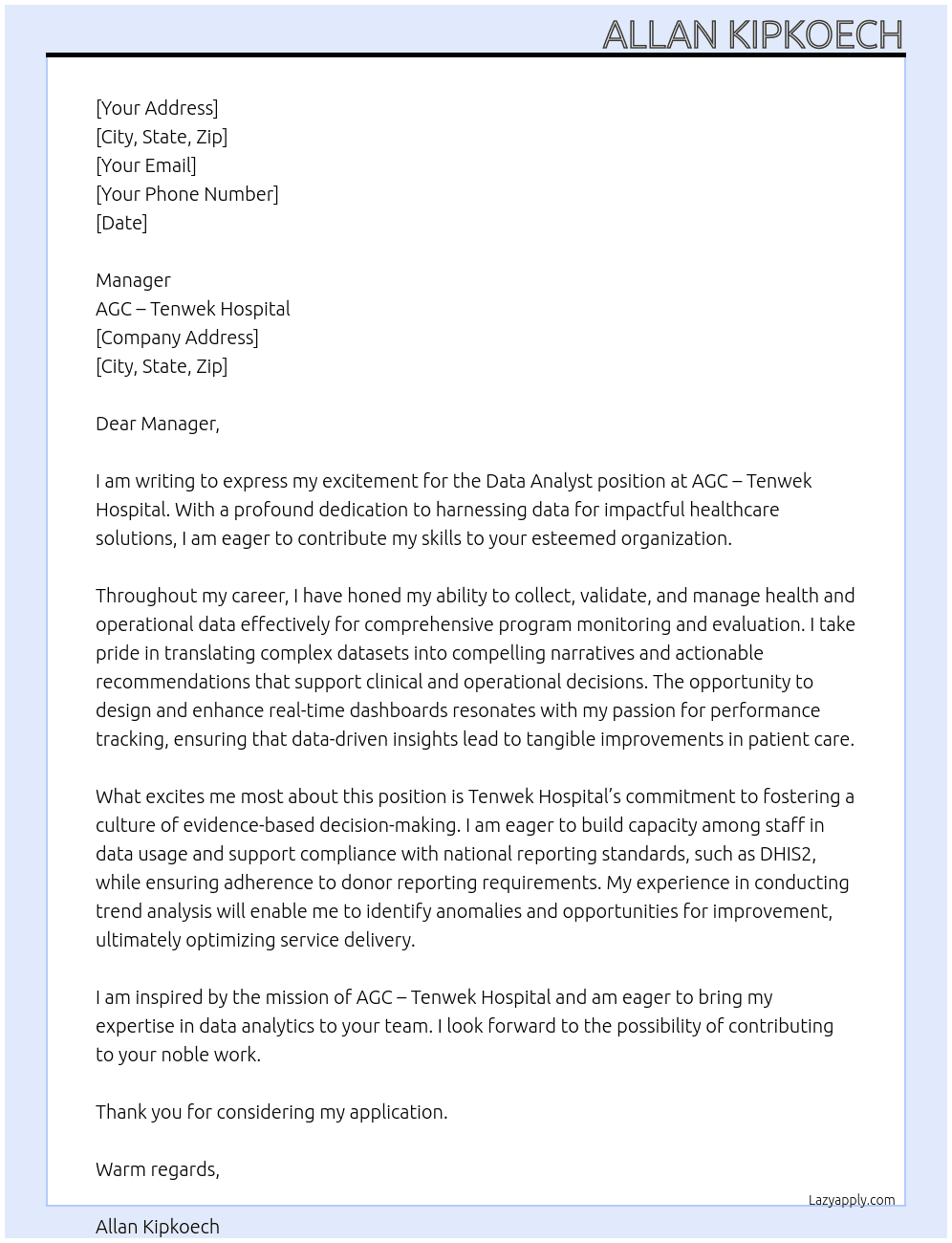 DATA ANALYST At AGC – Tenwek Hospital Cover Letter