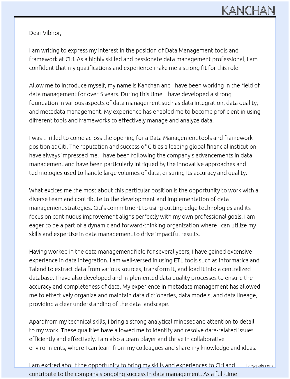 Cover letter for data management tools and framework - LazyApply