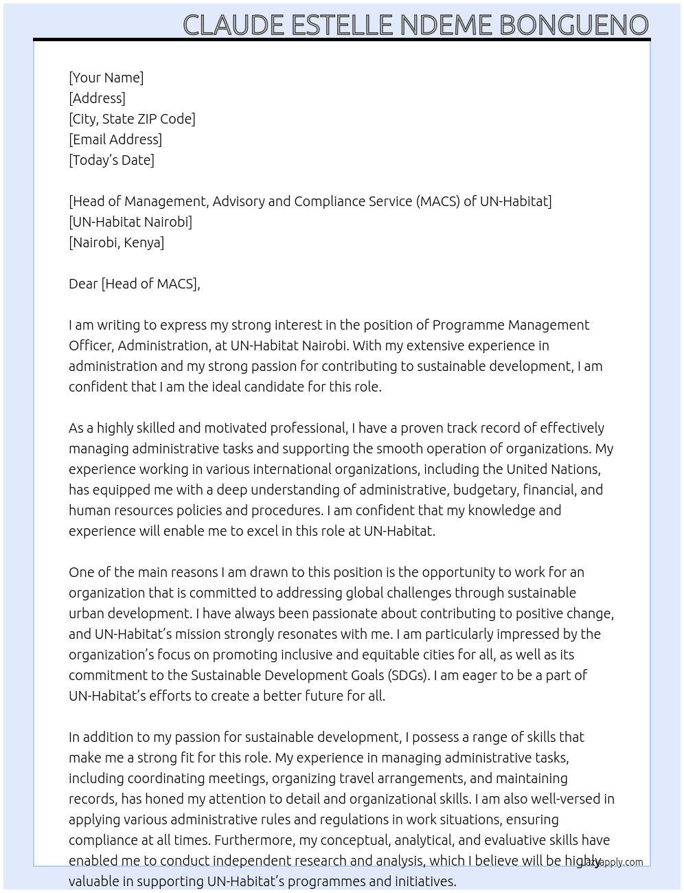 PROGRAMME MANAGEMENT OFFICER, ADMINISTRATION, Nairobi, Kenya At UN-Habitat Nairobi Cover Letter