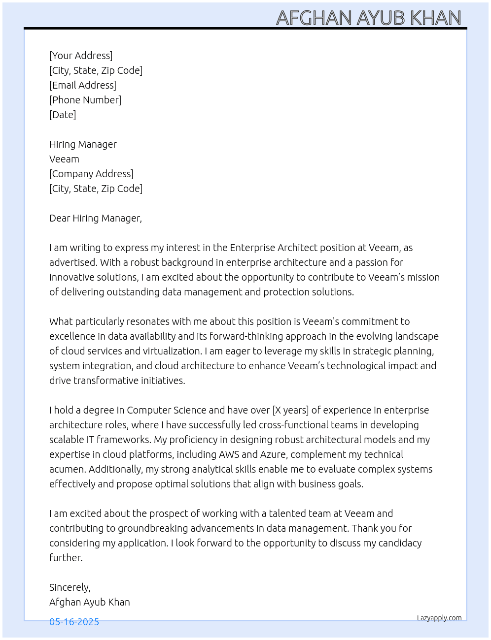 Cover letter for enterprise architect - LazyApply