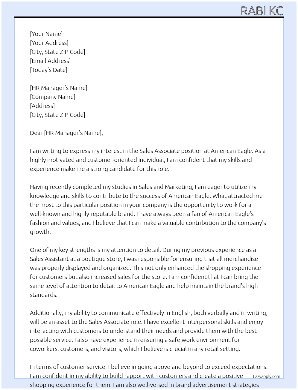 Sales Associate At American Eagle Cover Letter