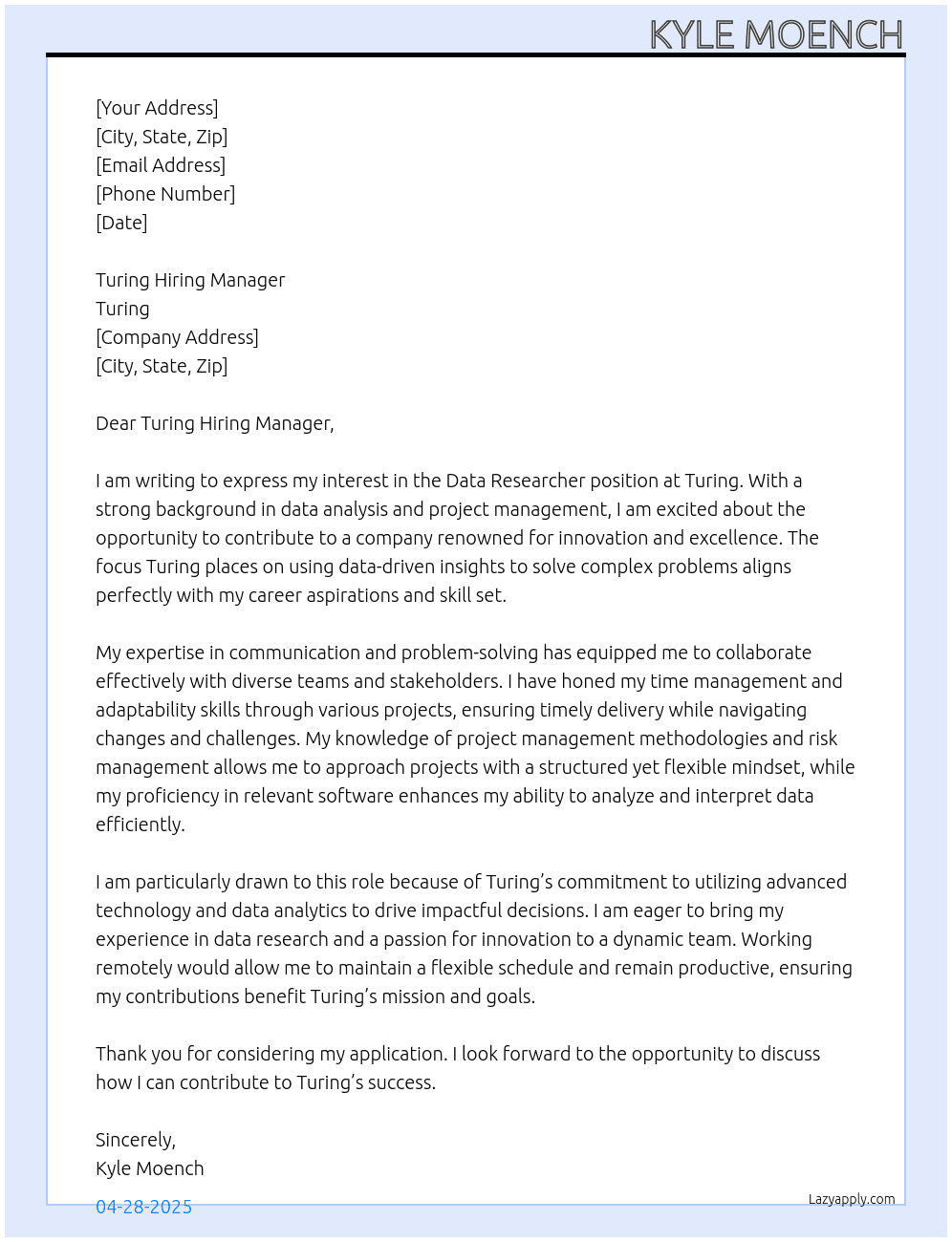 Data Researcher  At Turing Cover Letter