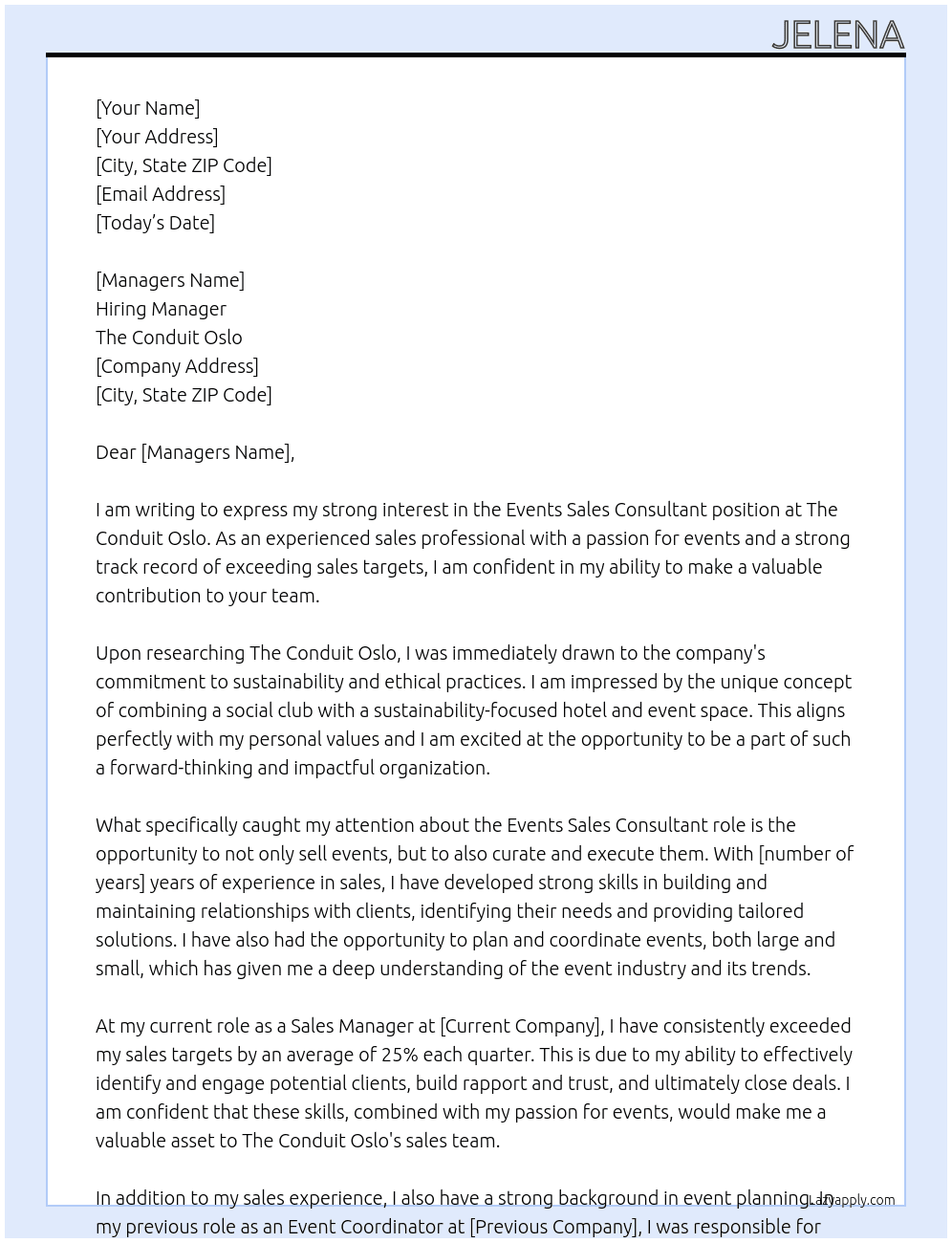  Events Sales Consultant  At The Conduit Oslo Cover Letter