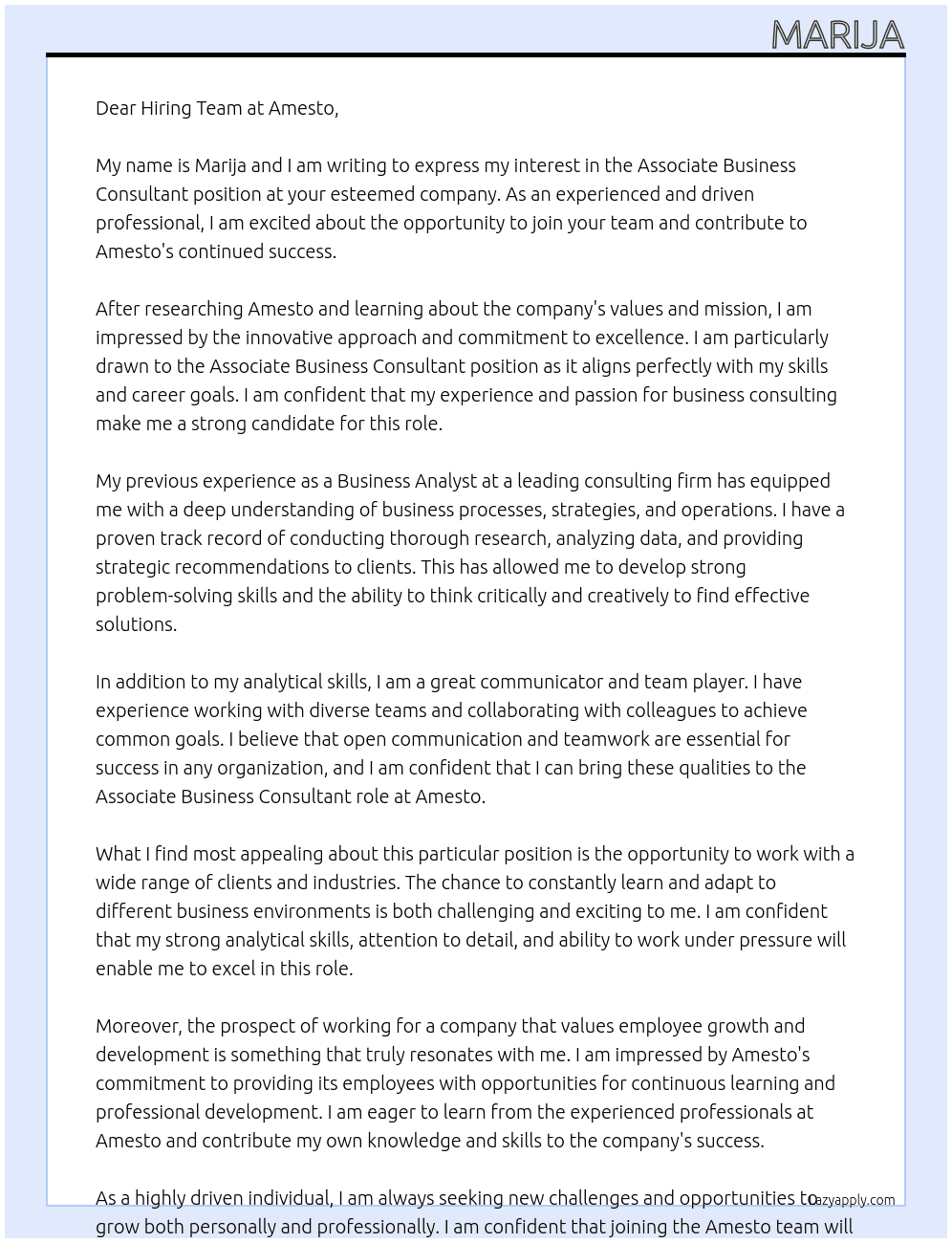 Associate Business Consultant At Amesto Cover Letter
