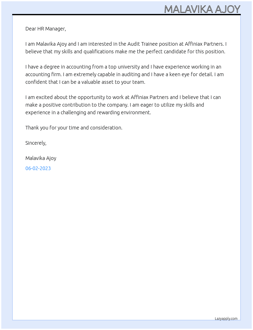 Audit trainee At affiniax partners Cover Letter