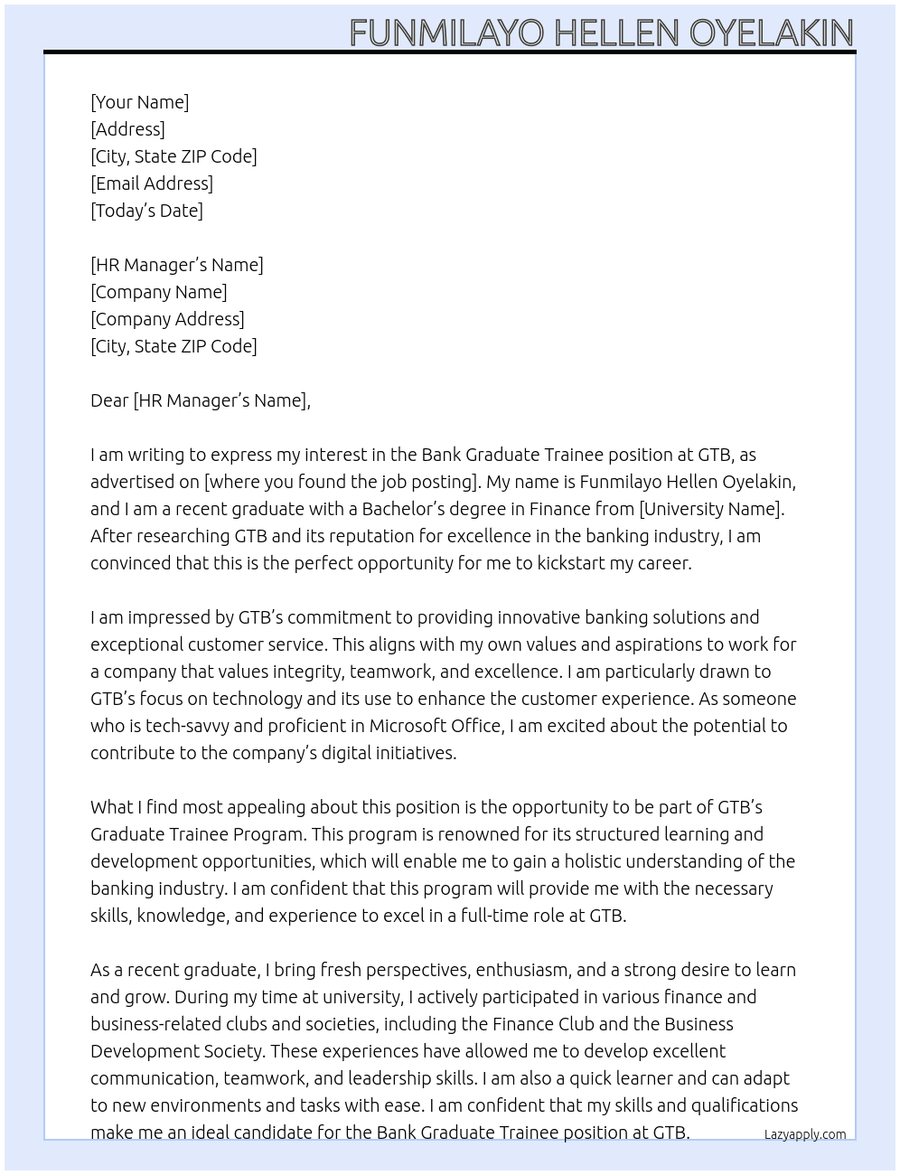 Bank graduate trainee  At Gtb Cover Letter