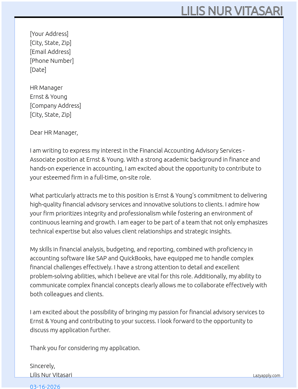 Financial Accounting Advisory Services - Associate At Ernest&Young Cover Letter