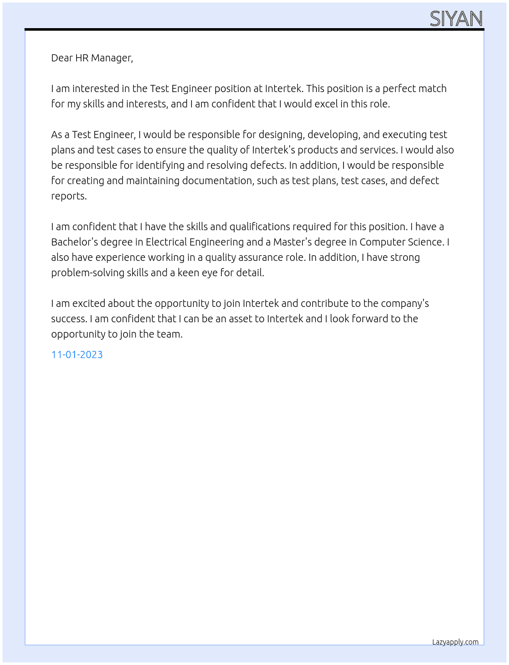 Test Engineer At Intertek Cover Letter