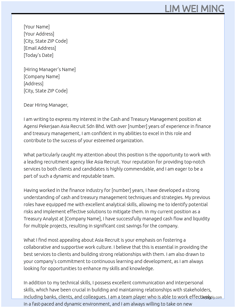 Cover letter for cash and treasury management - LazyApply