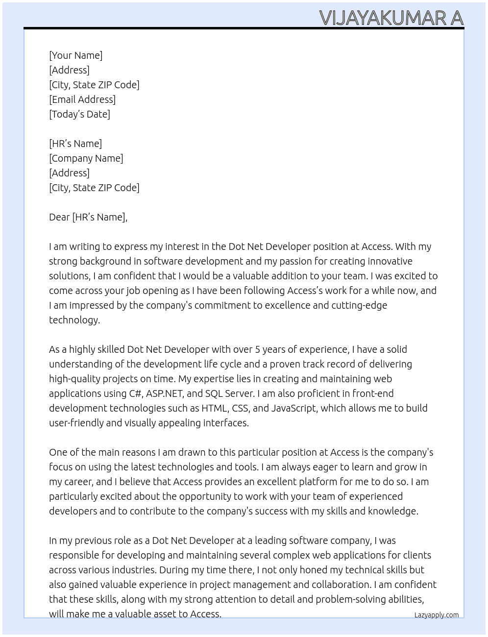 Dot net developer  At Access  Cover Letter