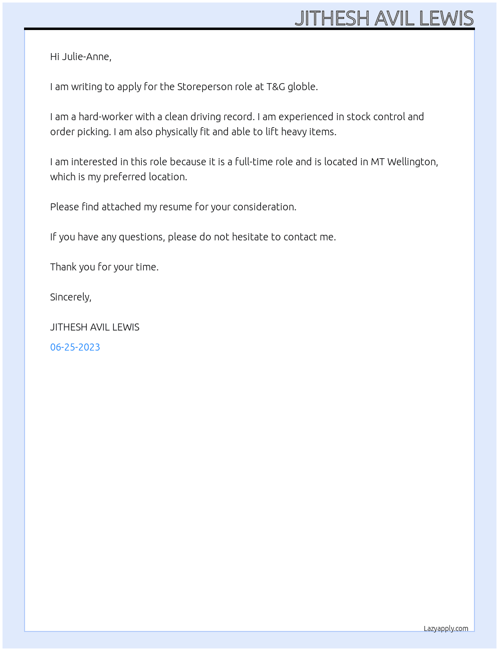 Storeperson At T&G globle Cover Letter