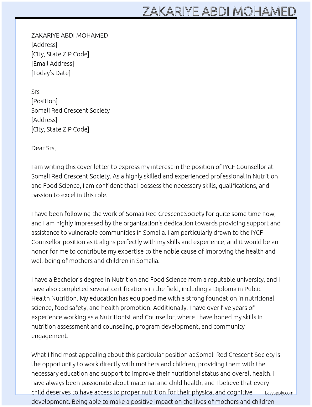 IYCF Counsellor At Somali Red Crescent Society Cover Letter