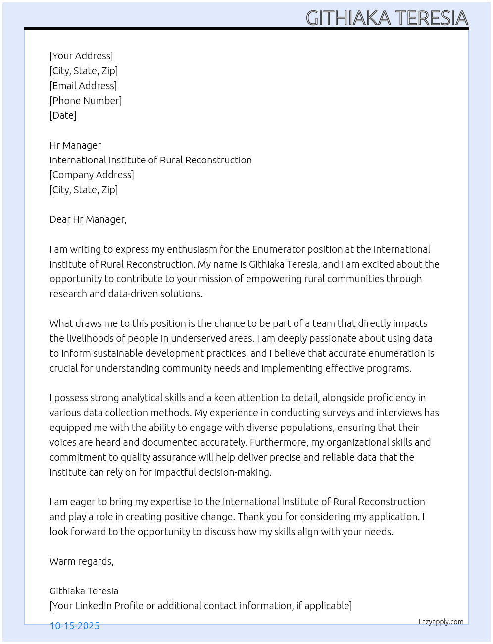 Enumerator  At International institute of rural reconstruction  Cover Letter