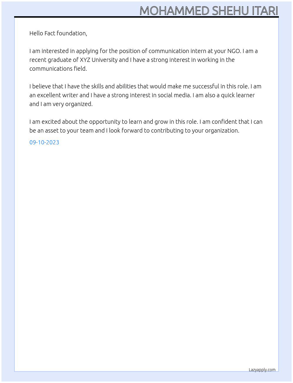 Communication intern  At NGO Cover Letter