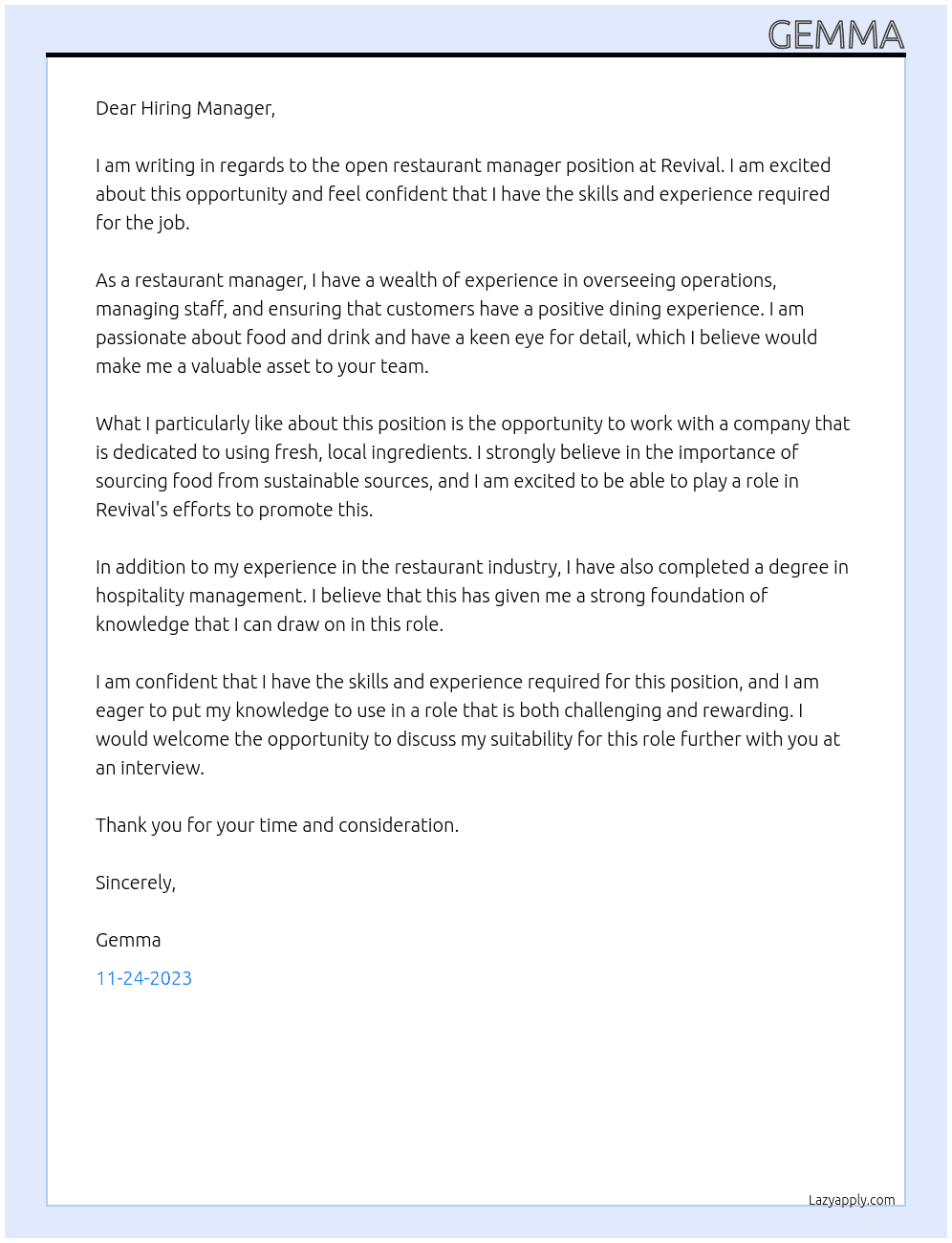 Restaurant manager At Revival Cover Letter