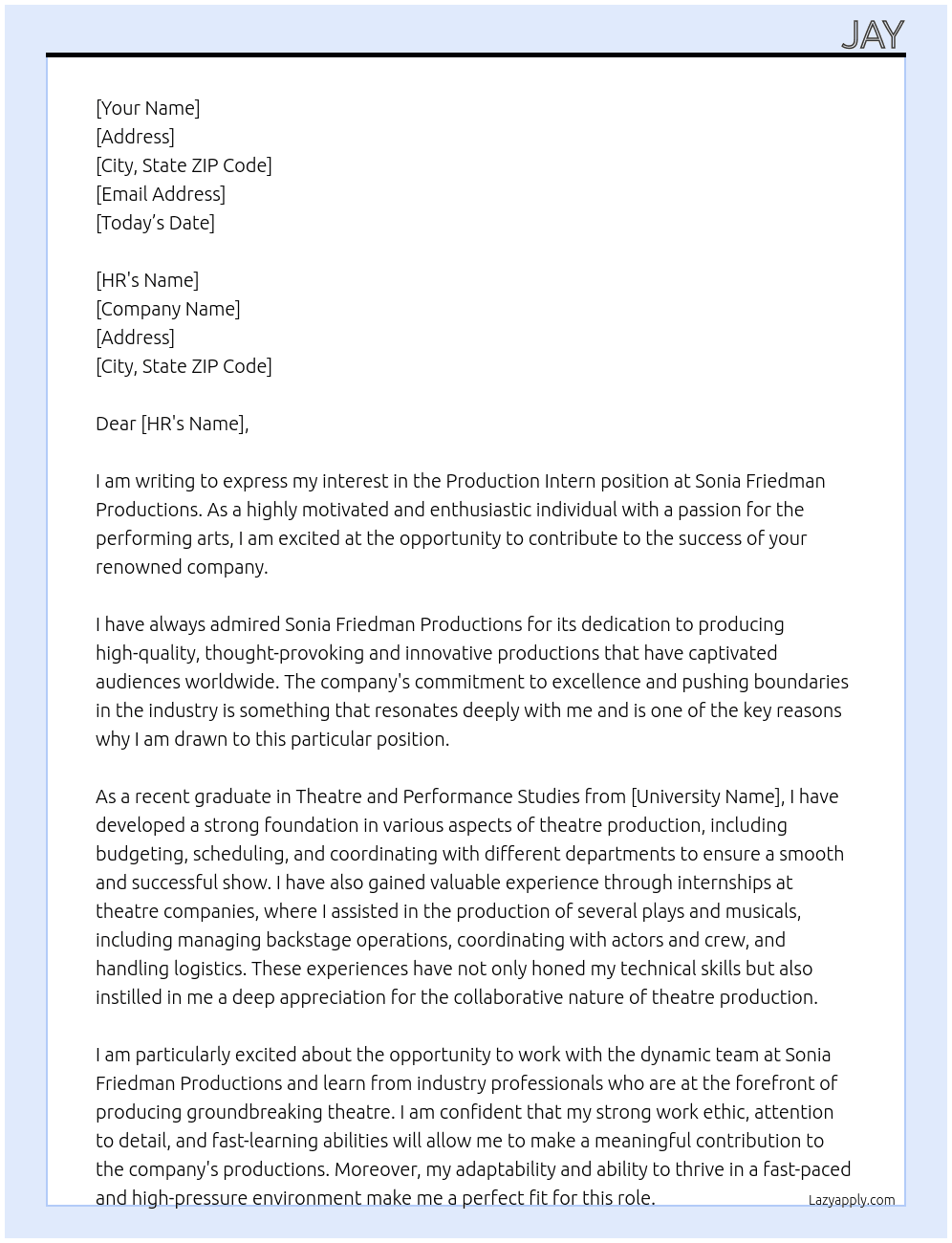 Production Intern At Sonia Friedman Productions Cover Letter