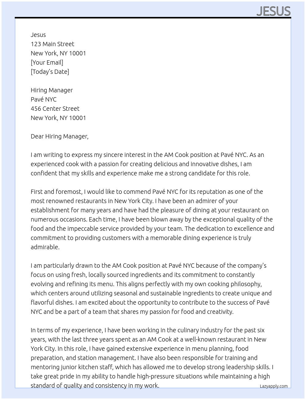 AM Cook At Pavé NYC Cover Letter