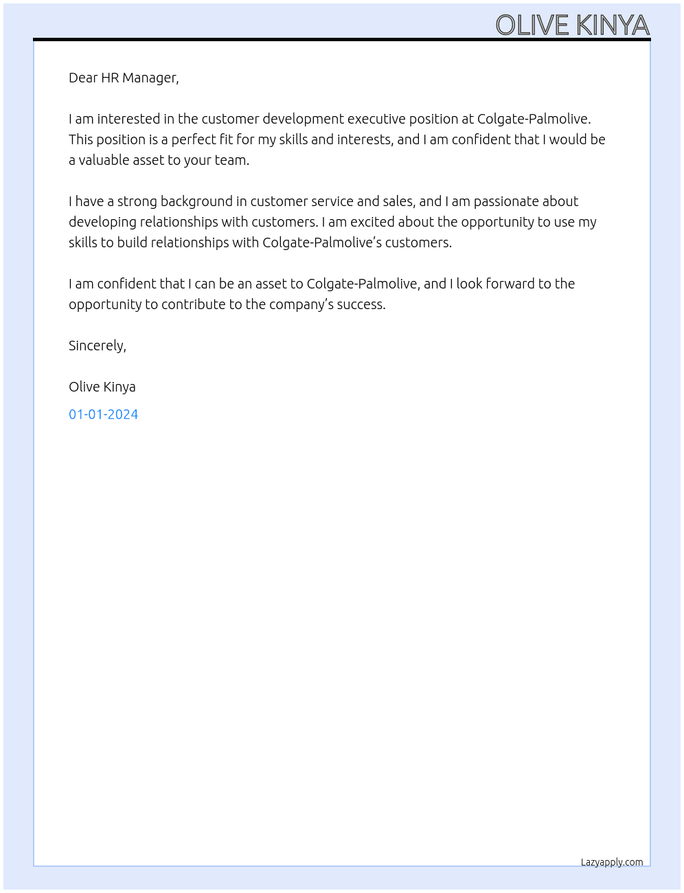 customer development executive At Colgate-Palmolive Cover Letter