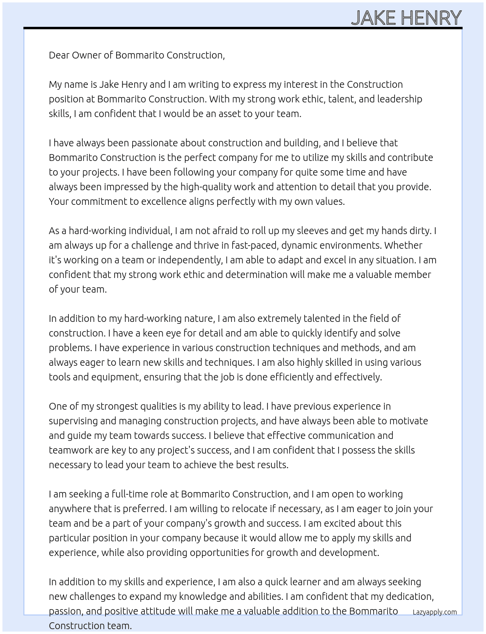 Construction  At Bommarito construction  Cover Letter