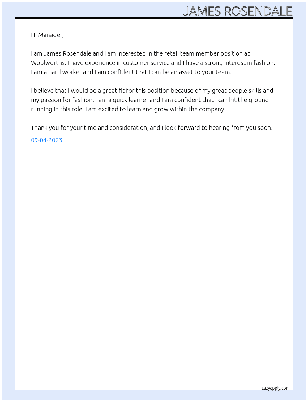 retail team member At Woolworths Cover Letter
