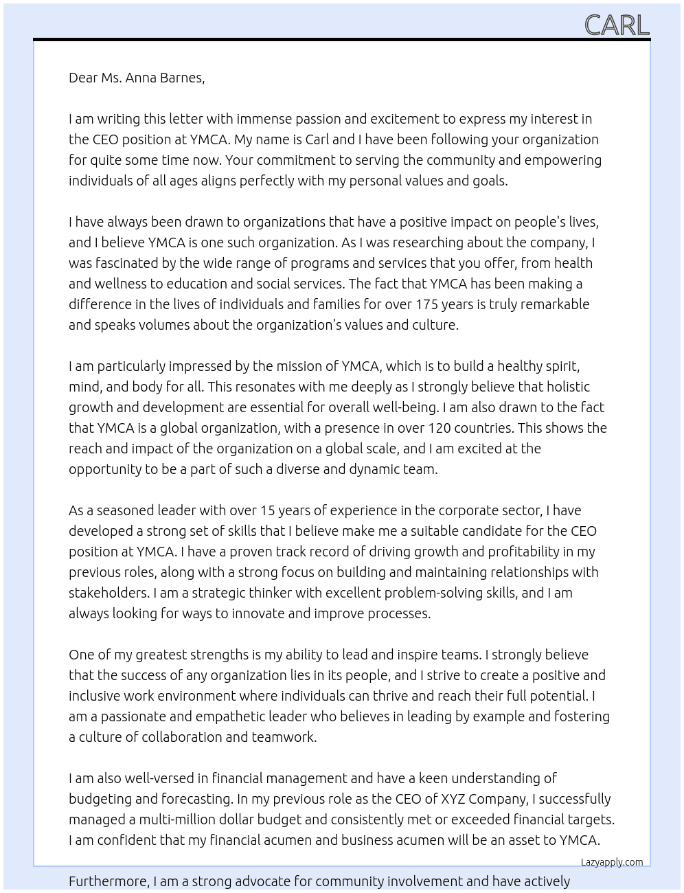 CEO At YMCA Cover Letter