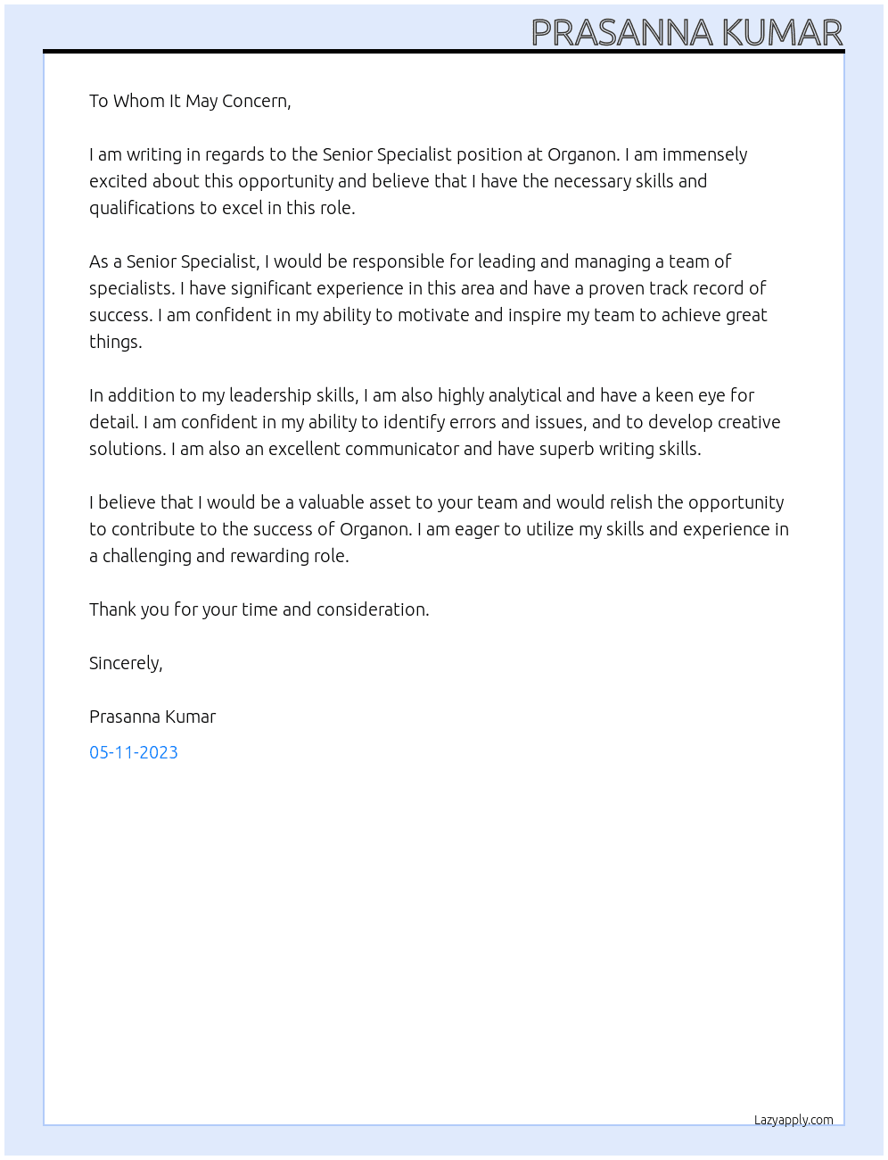 Senior Specialist At Organon Cover Letter