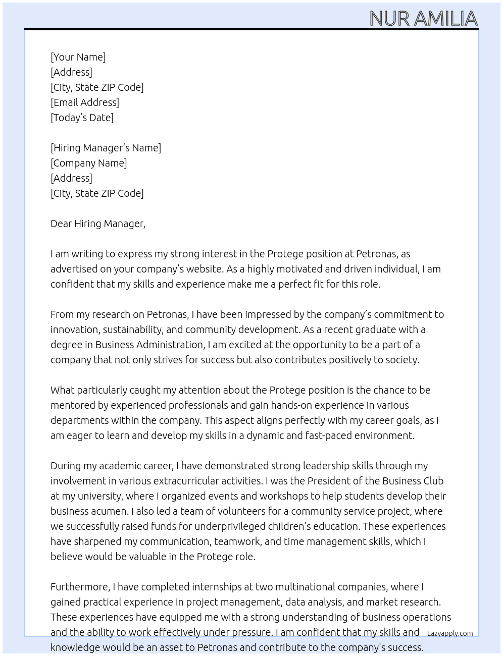 protege  At Petronas  Cover Letter