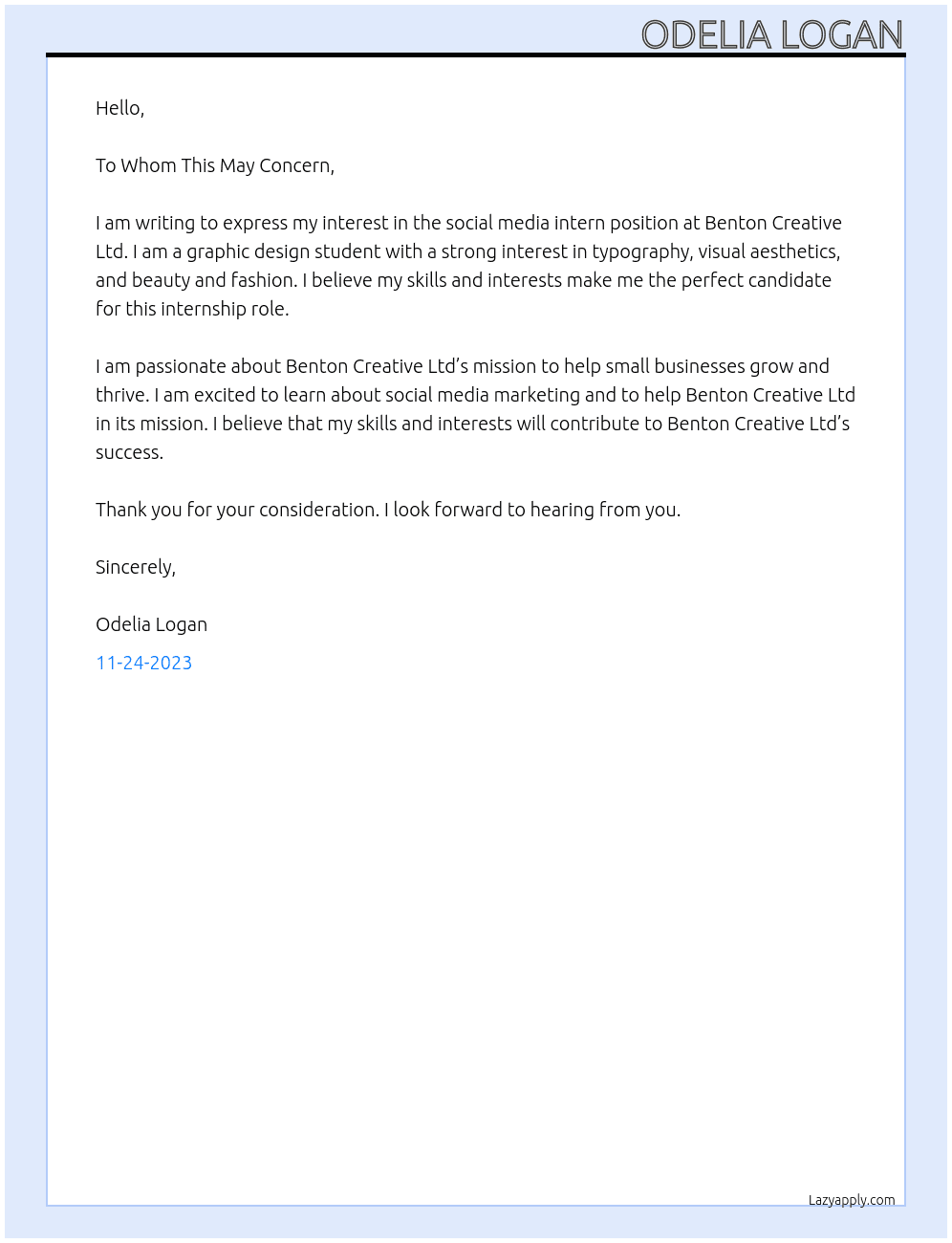 social media intern At Benton Creative Ltd Cover Letter