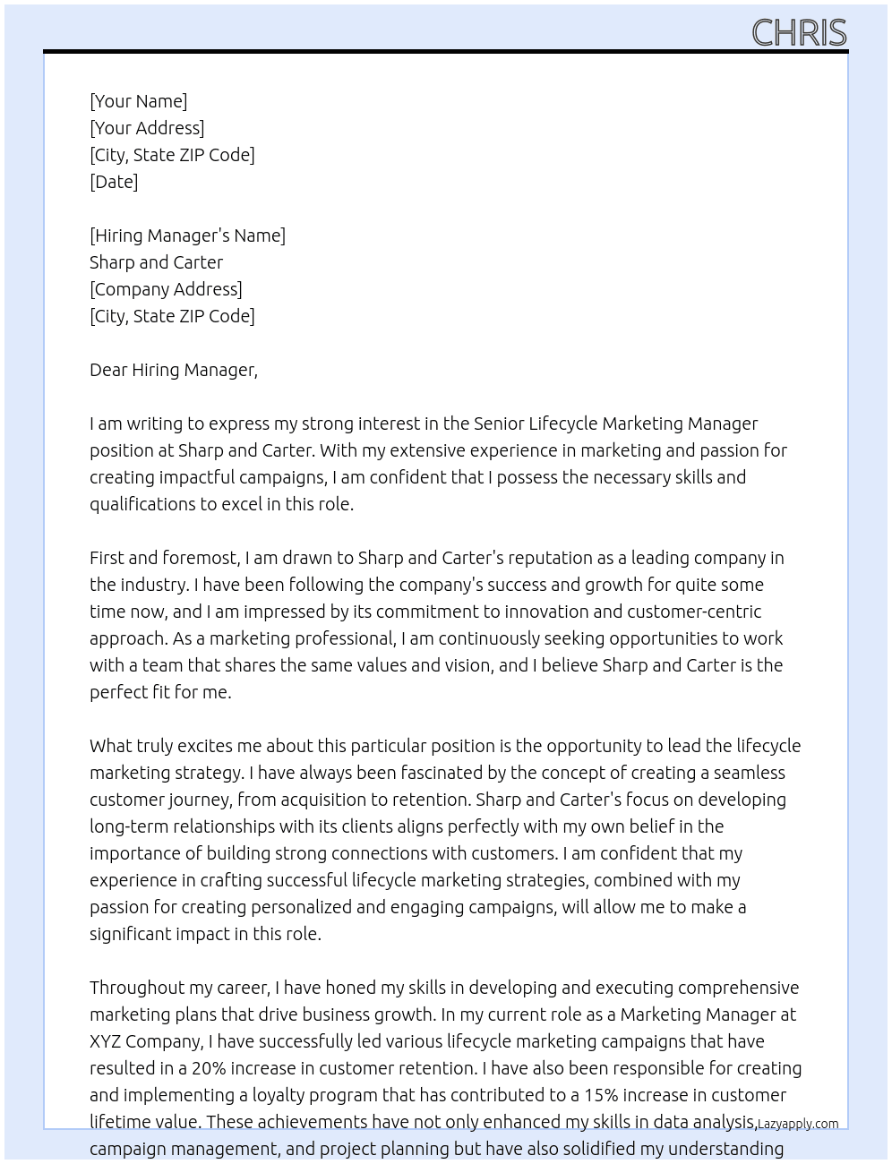 Senior Lifecycle Marketing Manager  At Sharp and Carter Cover Letter