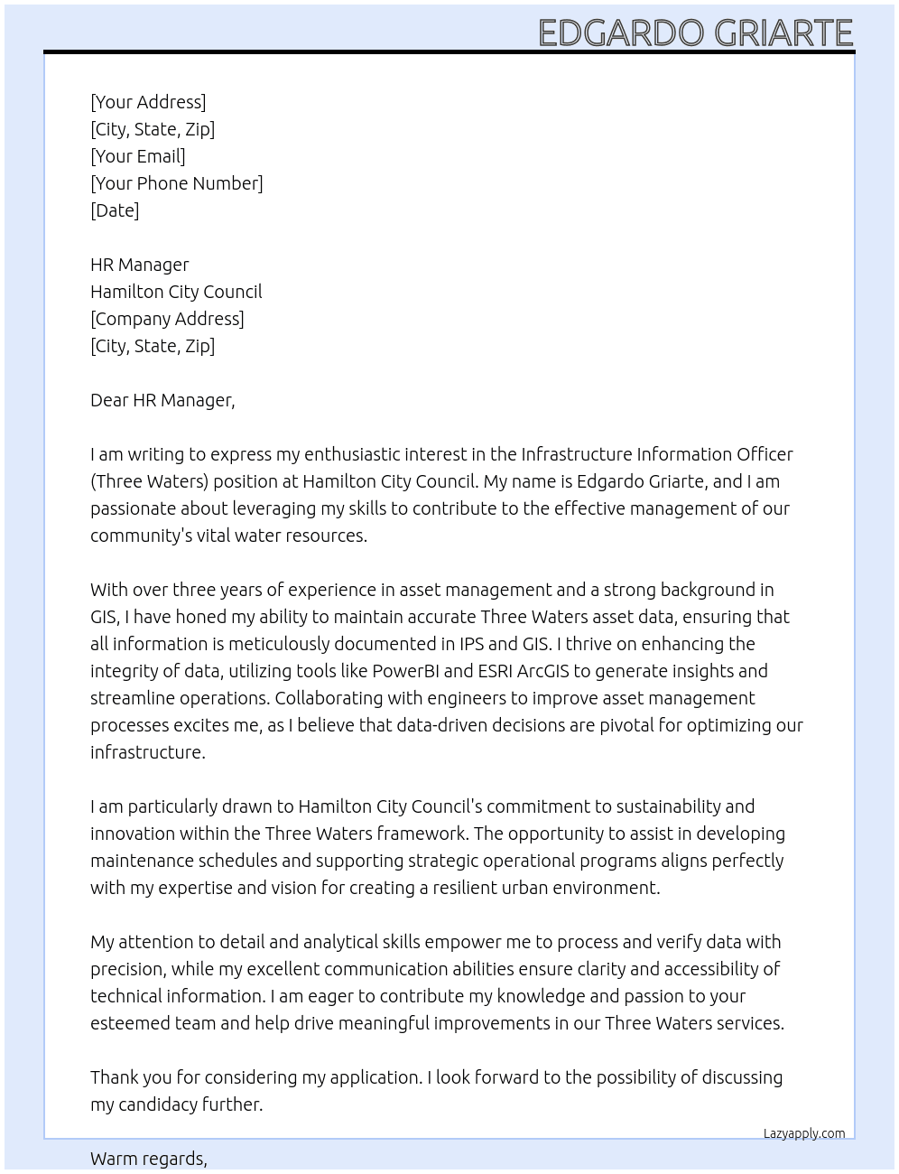 Infrastructure Information Officer (Three Waters) At Hamilton City Council Cover Letter