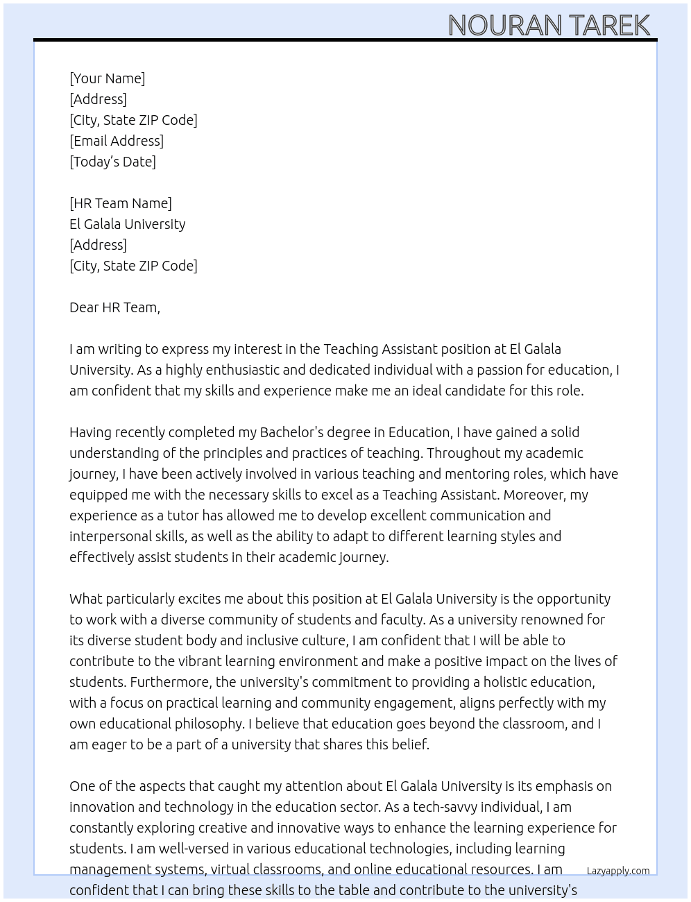 Teaching assistant  At El Galala university  Cover Letter