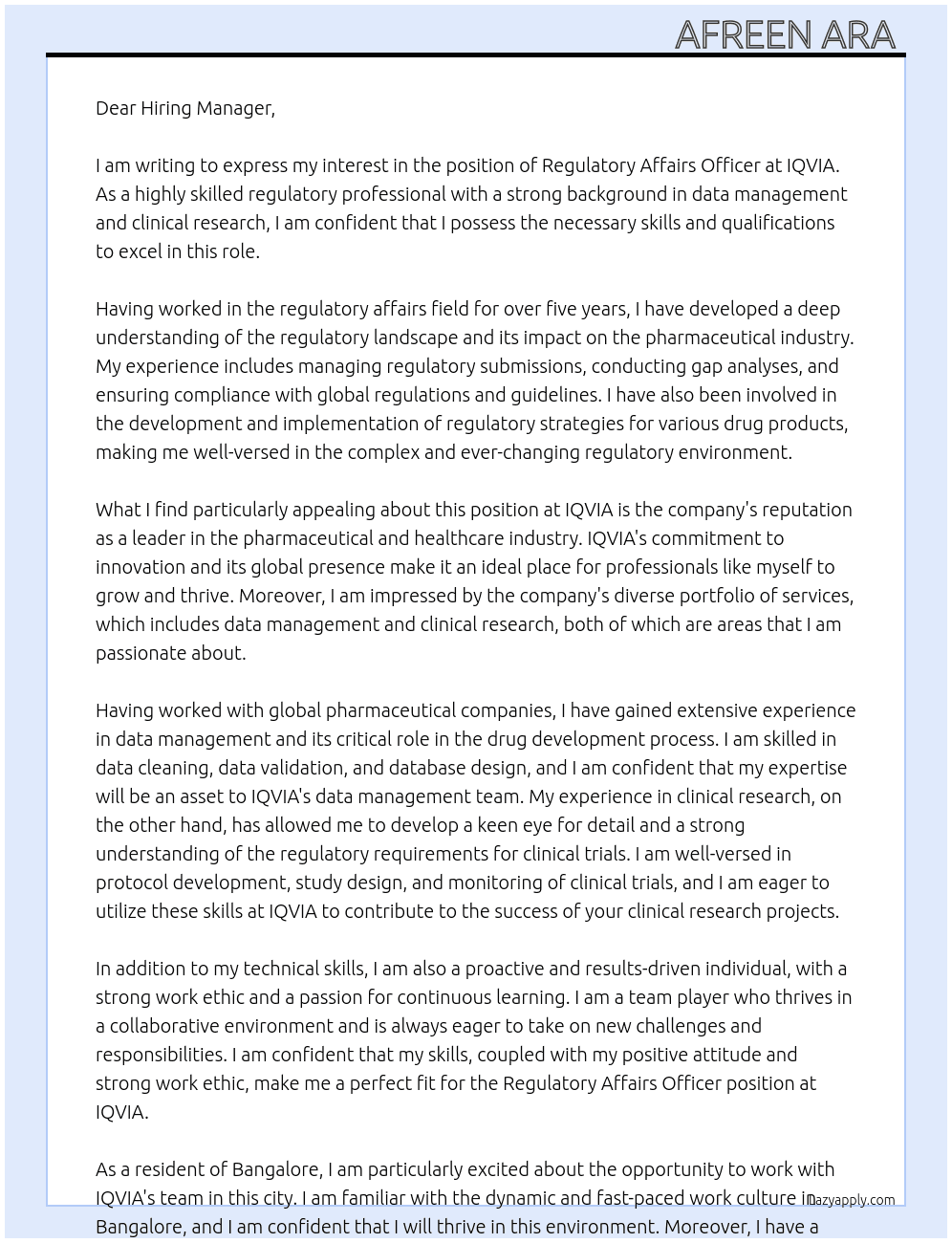 Cover letter for regulatory affairs officer - LazyApply