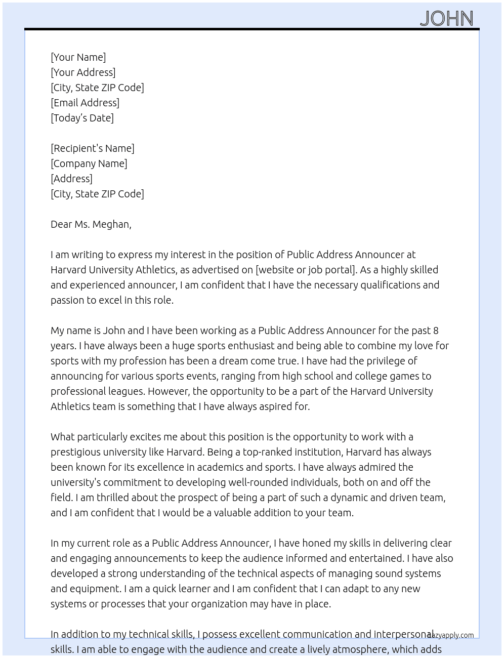 Public Address Announcer At Harvard University Athletics  Cover Letter