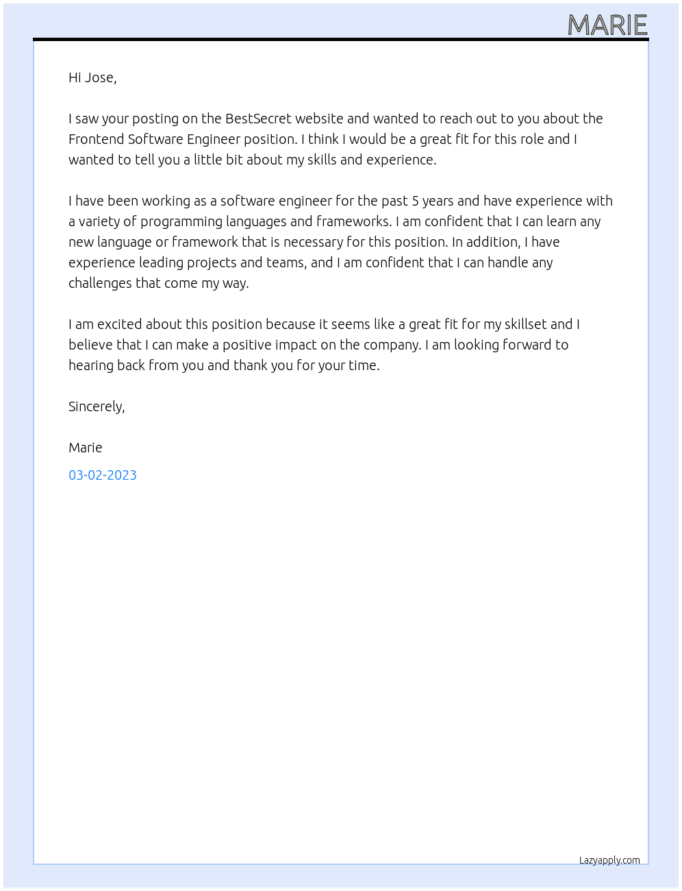 Frontend Software Engineer  At BestSecret Cover Letter