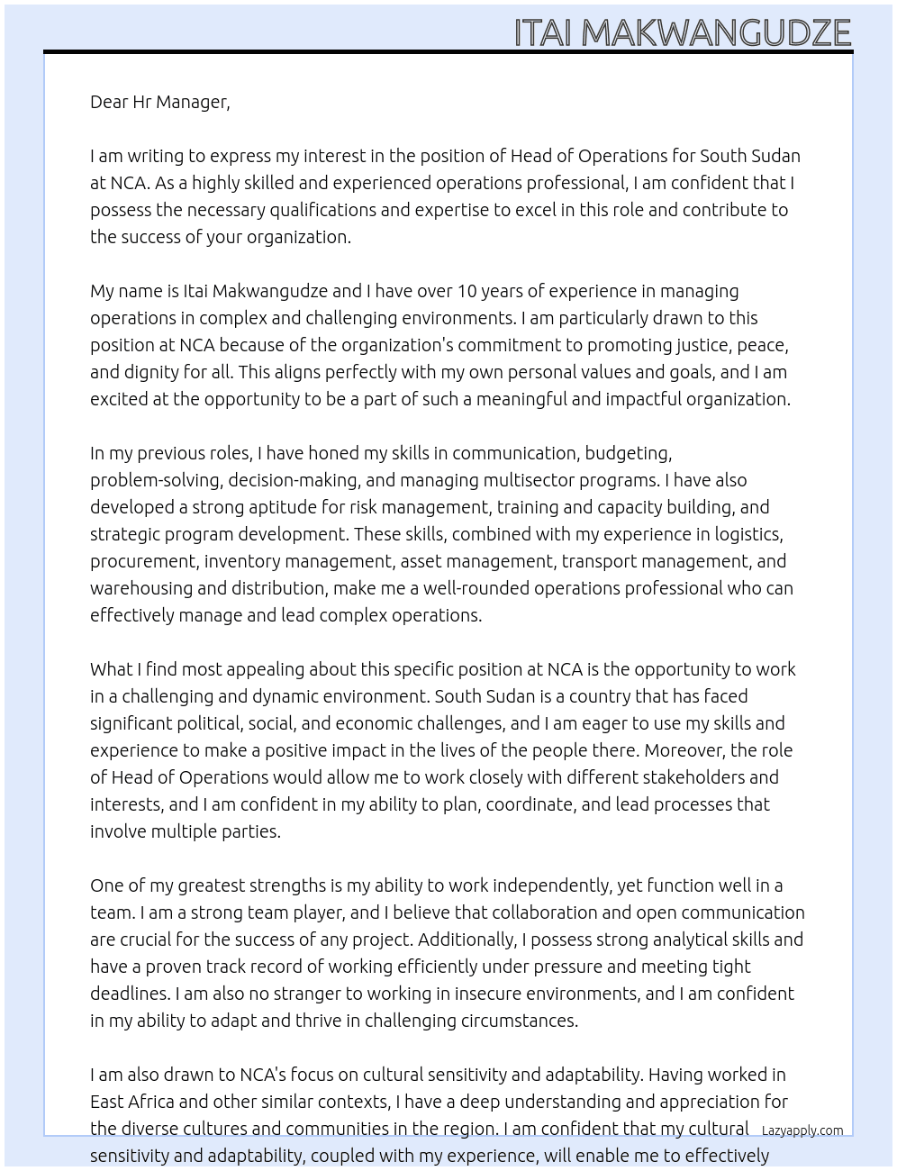 Head of Operations- South Sudan At NCA Cover Letter