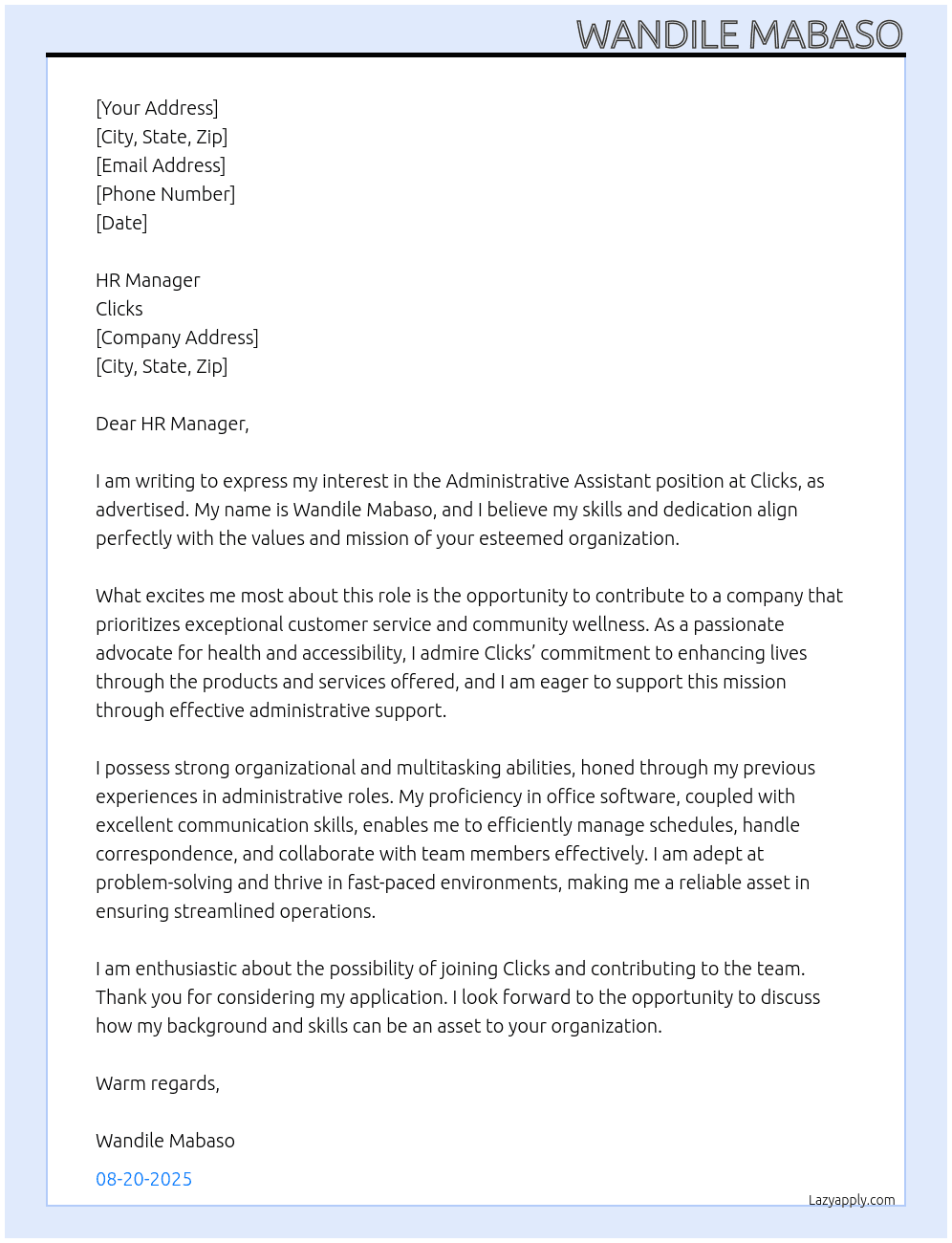 Administrative Assistant At Clicks Cover Letter