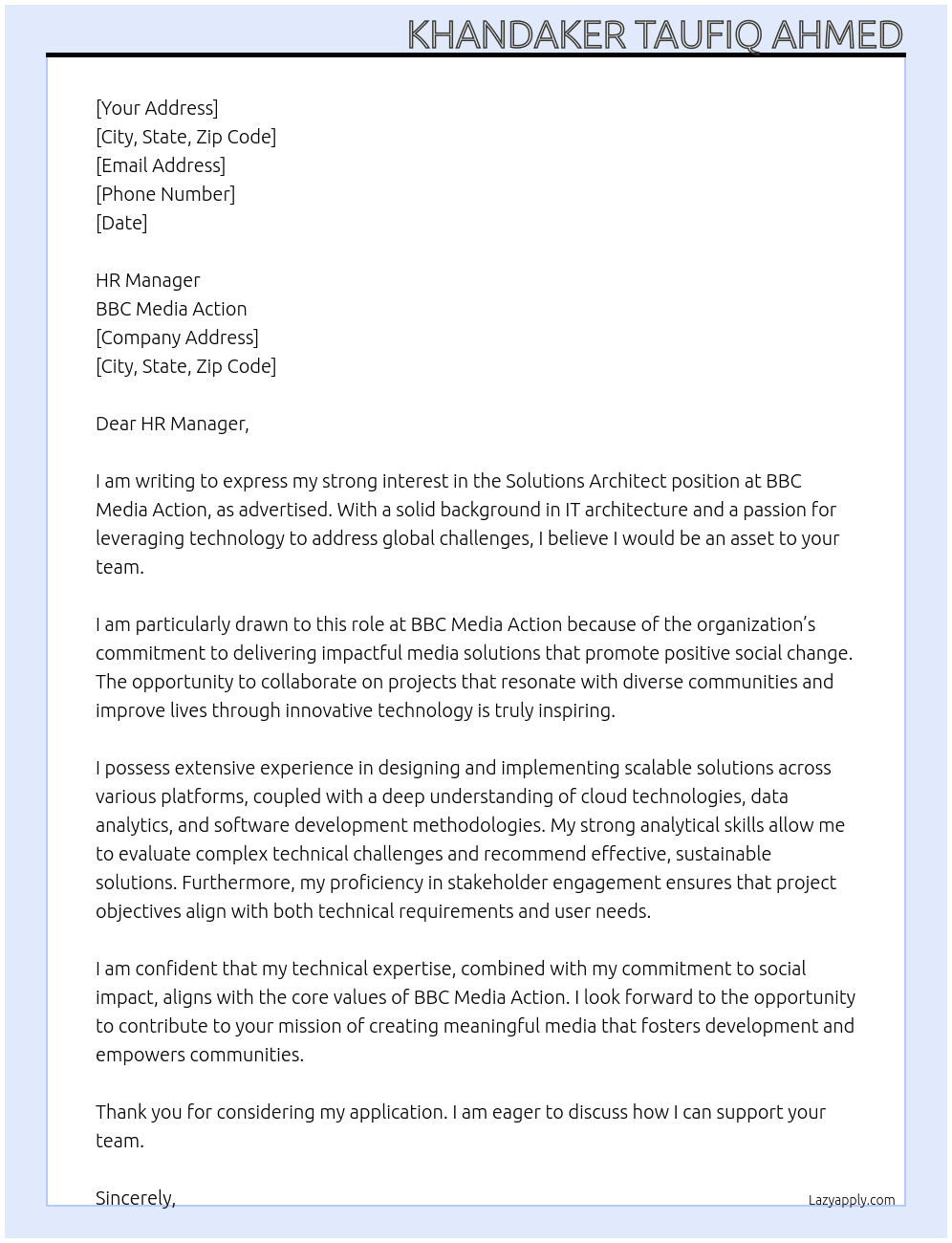 Solutions Architect (IT) At BBC Media Action Cover Letter