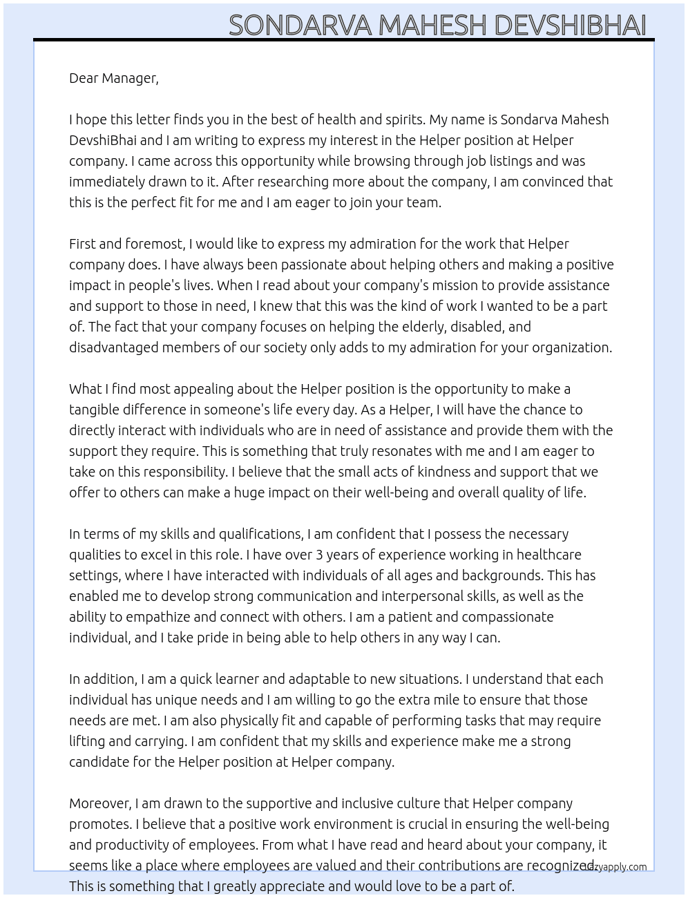 Helper  At Helper  Cover Letter