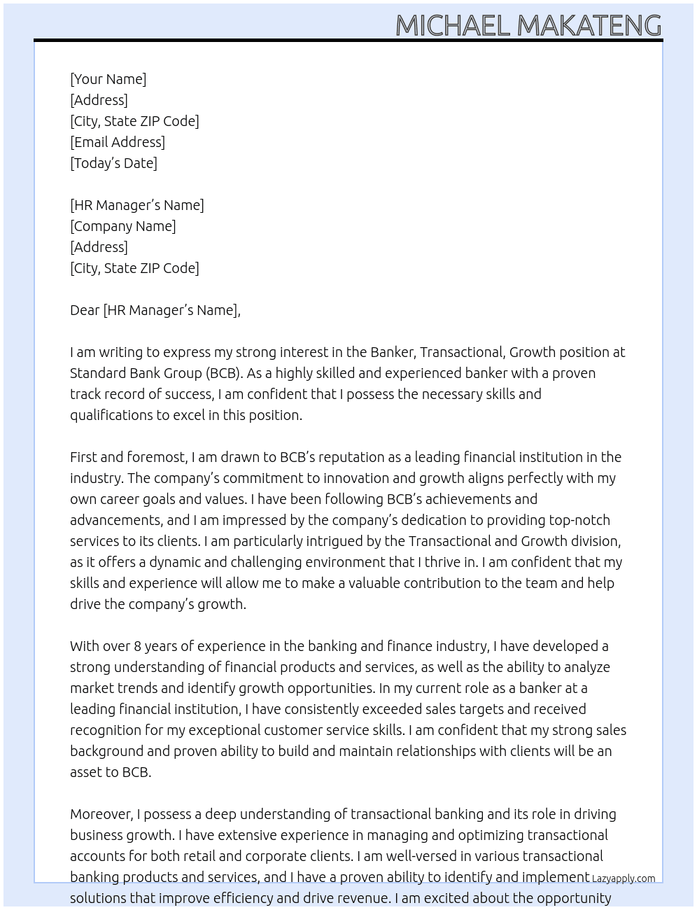 Banker, Transactional, Growth At Standard Bank Group (BCB) Cover Letter