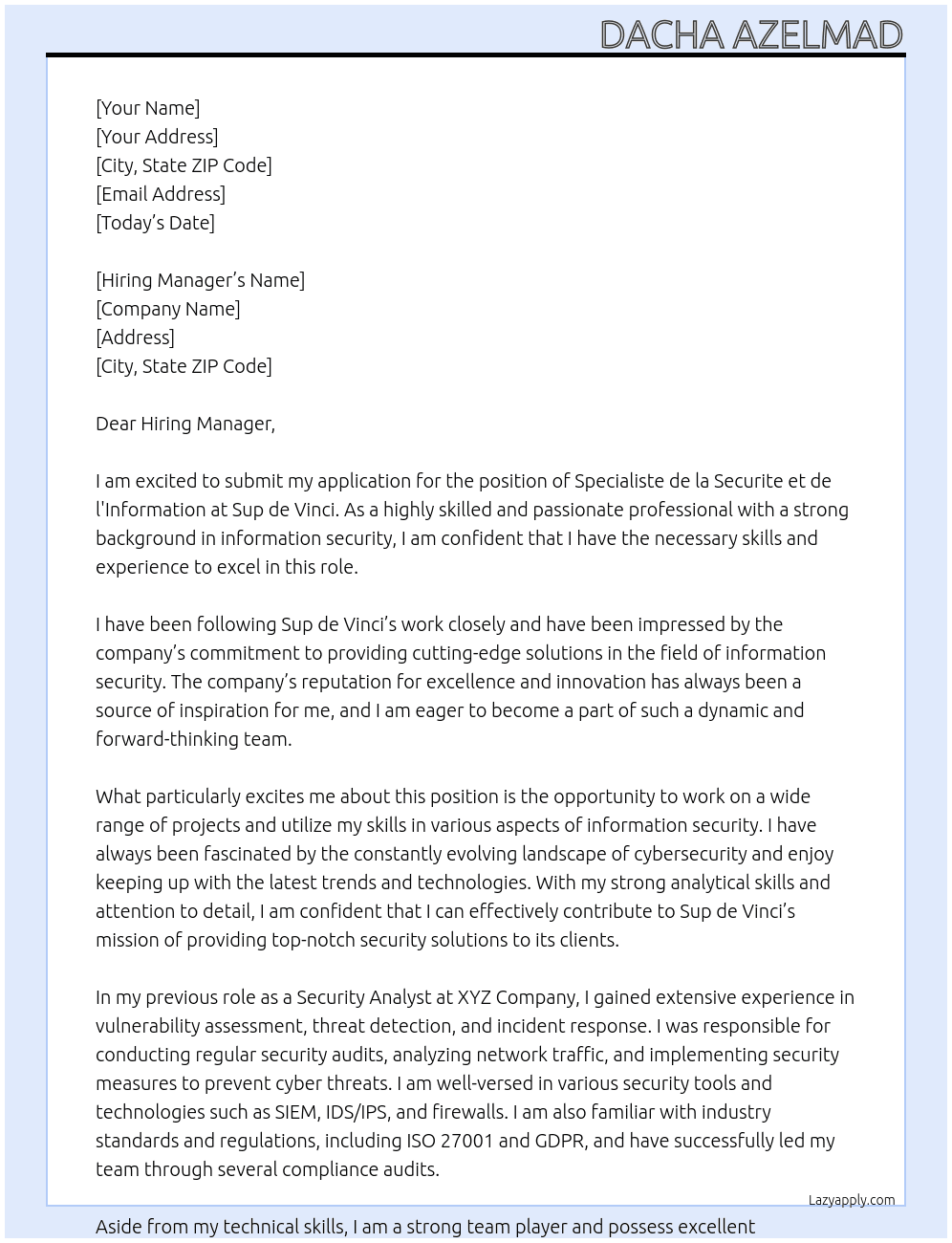 specialiste de la securite et de l'information At Sup de Vinci Cover Letter