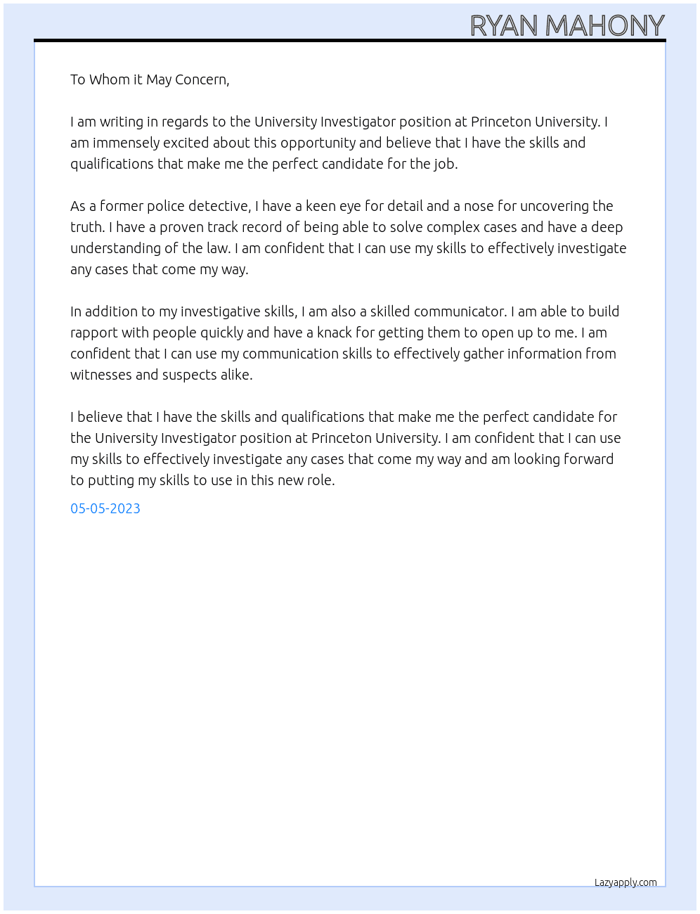 University Investigator At Princeton University Cover Letter