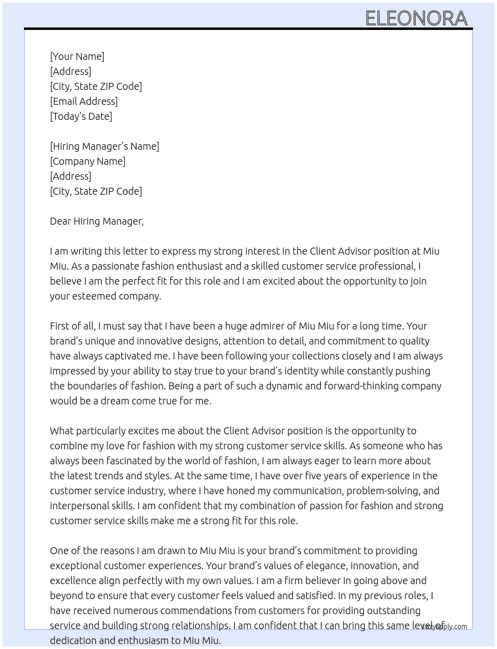 Client Advisor At Miu Miu Cover Letter